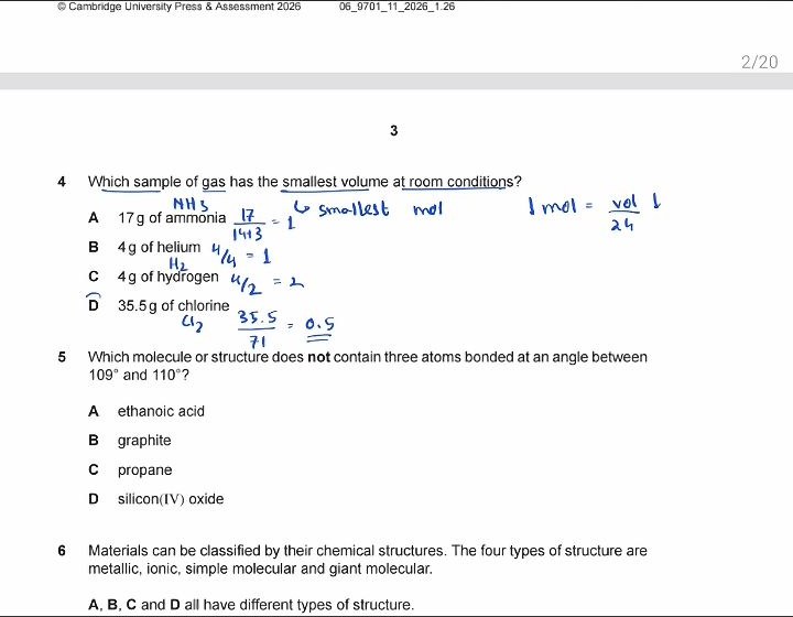 Handwritten working on a Cambridge AS Level Chemistry Paper 1 question about which gas has the smallest volume. The answer is D, chlorine.