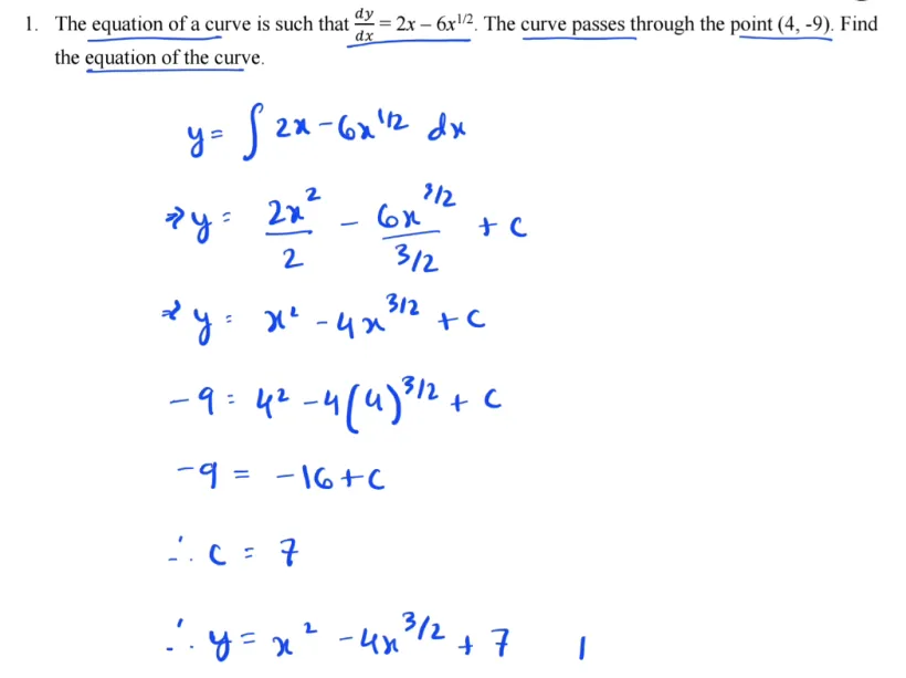 Handwritten worked solution to an AS Level Mathematics integration question: the gradient is integrated, the point (4, -9) is used to find c = 7, giving y = x squared minus 4x to the power 3/2 plus 7.